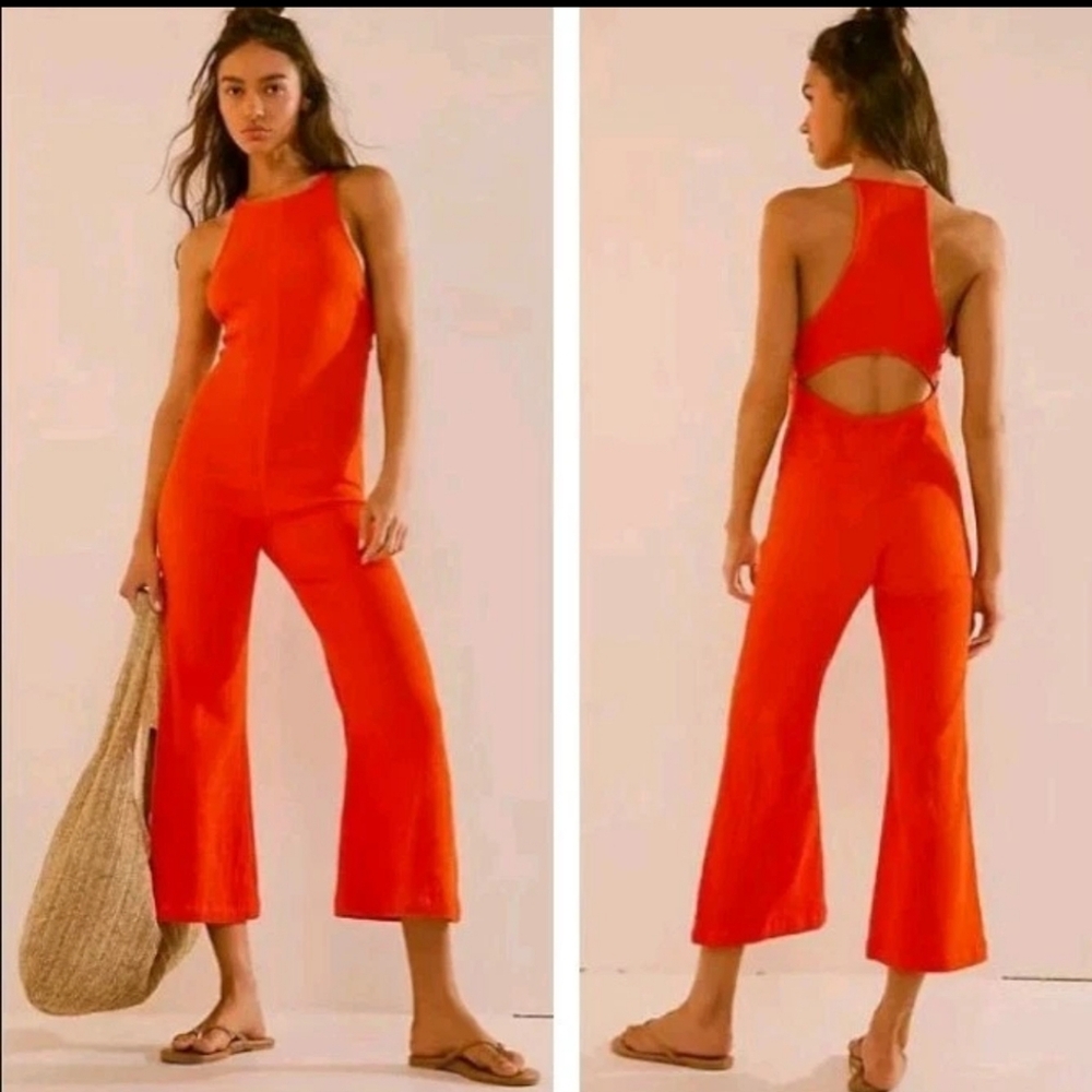 Free People Orange Cropped Back-Cutout Jumpsuit